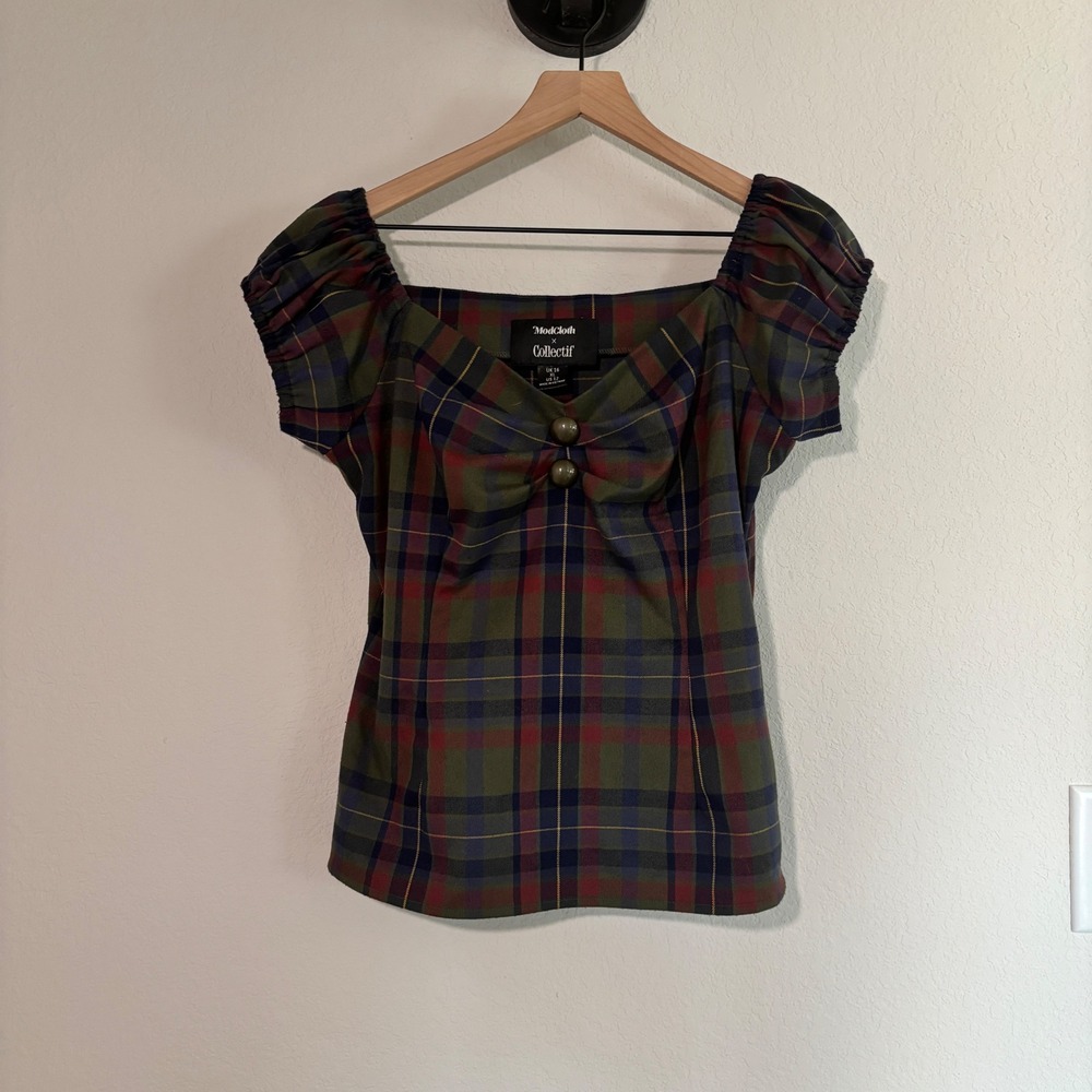ModCloth Collectif Top XL 12 Plaid Tartan Bow Sweetheart Retro Dark Academia